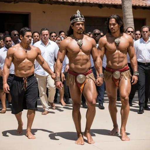 Prompt: Muscular indigenous Latino kings barefoot stepping on a black man 