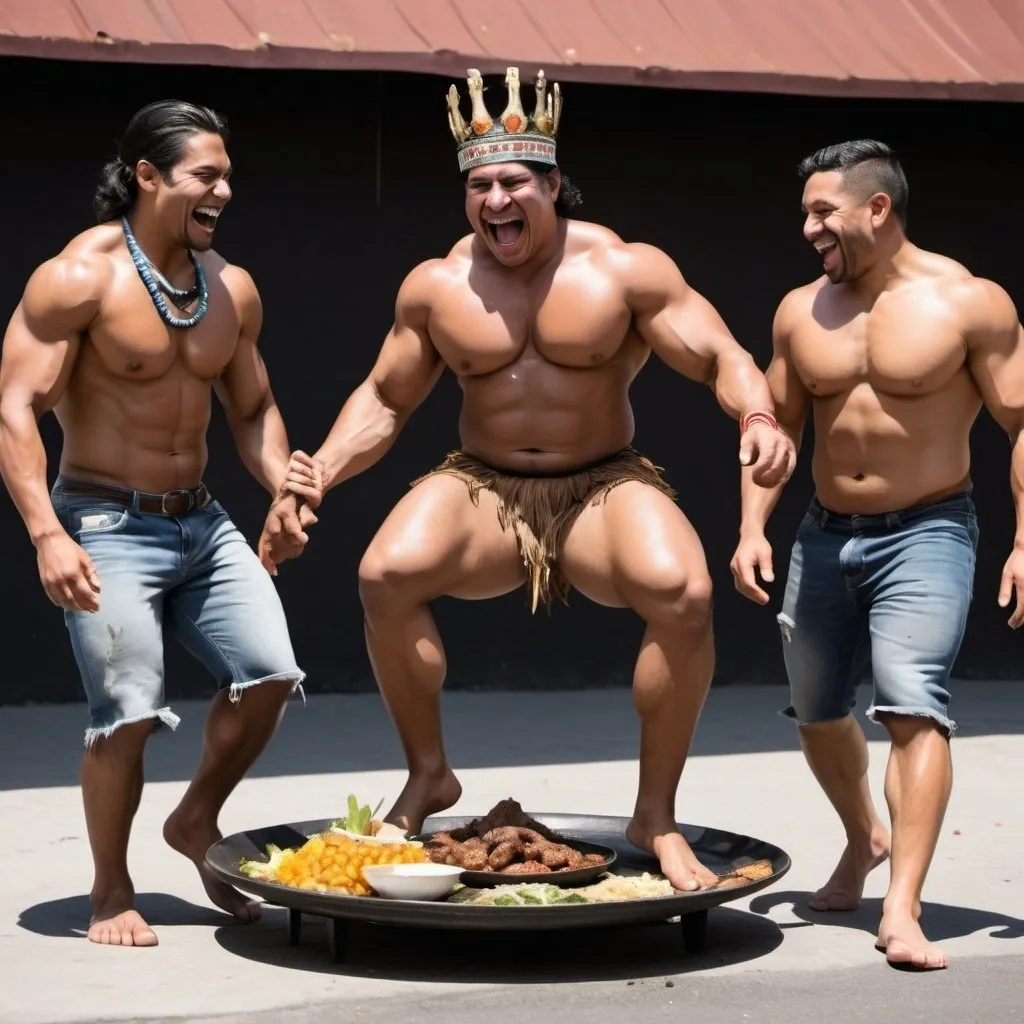 Prompt: Muscular indigenous Latino kings barefoot stepping on a black man’s plate of food and laughing 
