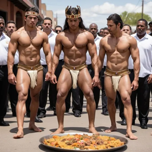 Prompt: Muscular indigenous Latino kings barefoot stepping on a black man’s food 