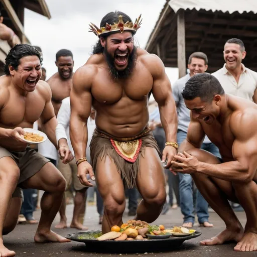 Prompt: Muscular indigenous Latino kings barefoot stepping on a black man’s plate of food and laughing while he cries 
