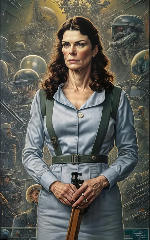 Prompt: create a highly detailed colored pencil drawing standing portrait on grey paper, in the style of Norman Rockwell, Tsutomu Nihei and Steve Hanks. Every detail is meticulously captured, in HDR (High Dynamic Range), UHD (Ultra High Definition), and 1080p. Michelle Forbes portrays Admiral Helena Cain in the drama tv movie "Battlestar Galactica." wearing a leather uniform. use all best practices in art and design to produce what would be recognized as a master work art piece. use accurate perspective and foreshortening. use atmospheric perspective. create expressive faces and use dramatic lighting. fur coat and fur hat. Michelle Forbes portrays Admiral Helena Cain: Pegasus's formidable commander, Cain, exudes steely authority in her perfectly tailored uniform. Her blonde hair, pulled back in a tight bun, and her cold blue eyes leave no room for doubt about her unwavering resolve. Her crisp attire, devoid of any personal touches, reflects her single-minded focus on military efficiency and victory at any cost. She's a force of nature, her presence demanding obedience and respect, even from the seasoned officers of Galactica., cinematic, illustration, poster, portrait photography