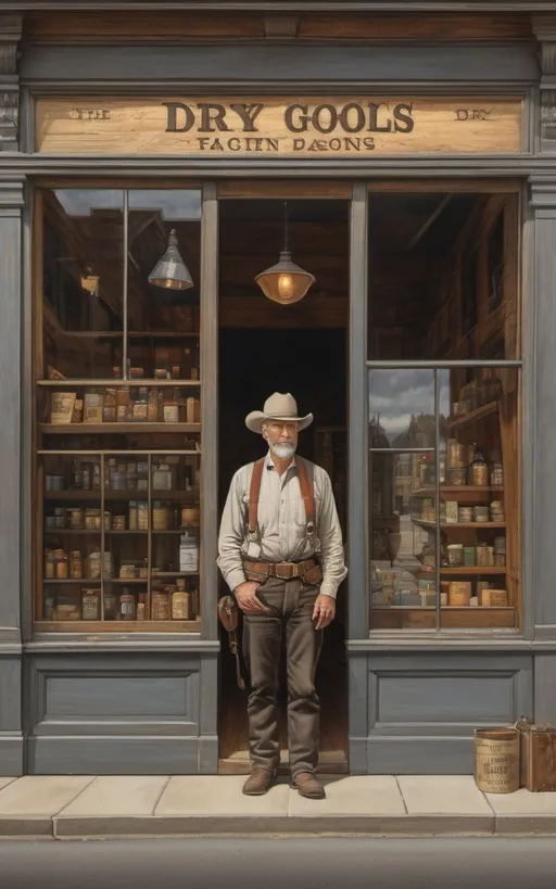 Prompt: create a highly detailed colored pencil drawing standing portrait on grey paper, in the style of Norman Rockwell, Tsutomu Nihei and Steve Hanks of a dry goods store façade. shown are wooden façade and wooden sidewalk, the door and front windows on each side with reflection of western dry goods store in 1880 zoomed into plate glass window with the words "Dry Goods" painted on window with a bright reflection; view of the window and door front view portrait of the façade of a dry goods store. The 1880s dry goods store presents a nostalgic glimpse into the past. The weathered façade of the establishment, constructed from aged wood. the front window is a portal to the world within. The window, adorned with the bold proclamation "Dry Goods" in a rustic western font. Half of the glass surface is dappled with a glaring reflection of the sky and street in front of the store. A horse and buckboard wagon is parked in the front half loaded with dry goods. The town sheriff is leaning on edifice