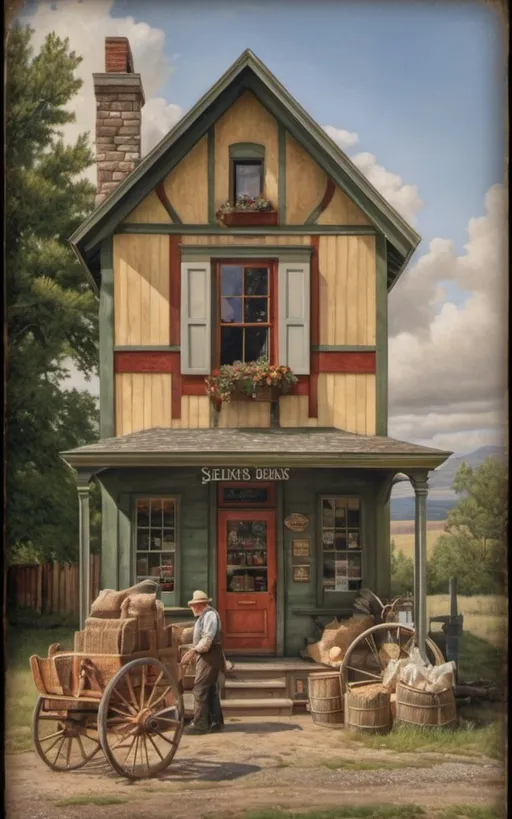 Prompt: create a realistic, hyper detailed, color pencil drawing, hyper detailed, UHD, HDR, 128K, In the heart of a picturesque landscape drawing in the style of Norman Rockwell, Steve Hanks, and Michael James Smith, dramatic natural lighting, façade door and front window with reflection of western dry goods store in 1880 zoomed into window with "Dry Goods" painted on window with reflection; view of the window and door front view portrait of the façade of a dry goods store. The 1880s dry goods store presents a nostalgic glimpse into the past, frozen in a frame of time. The weathered façade of the establishment, constructed from aged wood, bears the marks of countless seasons and stories. As you zoom in, your eyes are drawn to the front window, a portal to the world within. The window, adorned with the bold proclamation "Dry Goods" in a rustic western font, is a canvas that captures the essence of the era. Half of the glass surface is dappled with a glaring reflection, mirroring the surroundings of the bustling street. Buildings, clouds, and the expansive sky blend into a mosaic of distorted imagery, adding an atmospheric touch to the scene. On the unblemished half of the window, the interior of the store comes to life. A curated display of dry goods, neatly arranged on shelves, is visible to those passing by. Bolts of fabric, hats, and various items that cater to the needs of the townsfolk create a visual feast behind the clear glass.