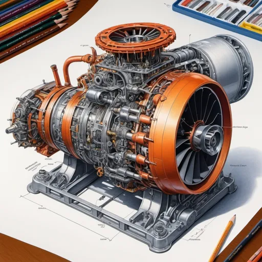 Prompt: create a realistic, hyper detailed, crisp focus, sharp focus, UHD, HDR, 128K, a hyper realistic, vibrant color color pencil technical illustration cutaway drawing, on white paper, of a turbine engine disassembly parts exploded view disassembly, hyper detailed drawing, in the style of Norman Rockwell, Caravaggio, Steve Hanks, and Michael James Smith, using atmospheric perspective, with dramatic lighting, drawing of 
 . The drawing is predominantly adorned with rich vibrant colors, with a striking accent color, BD8B0E, adding an electrifying touch, 


a technical illustration cutaway drawing of a small submersible disassembly parts exploded view disassembly