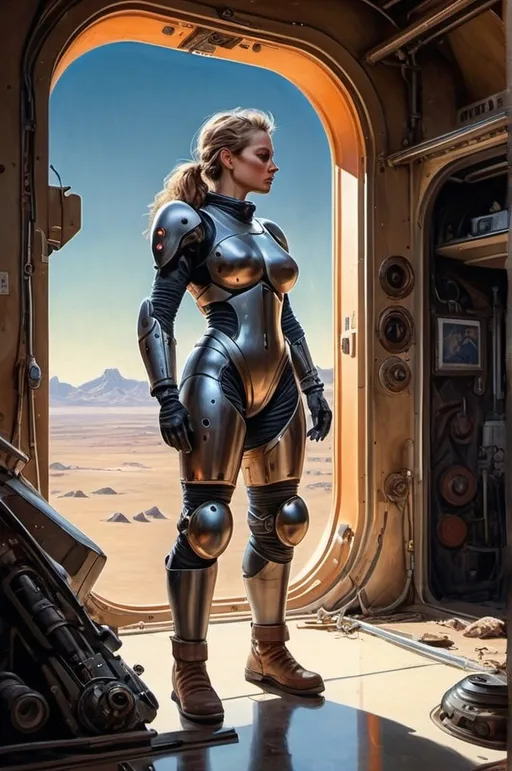 Prompt: Create a realistic, painting, and meticulously detailed, dramatic, realistic, hyperrealist, sfumato, vibrant, painterly painting of a woman in a biomechanical exosuit repairing a spacecraft in a cluttered hangar on an alien planet, with an alien skyline and twin moons visible through an open hangar door under an indigo sky.

OUTPUT2:
Create a realistic, impressionistic painting, and meticulously detailed, dramatic, realistic, sfumato, vibrant, painterly painting with sharp detail in the foreground, the artist expertly blends the styles of Norman Rockwell, Gustave Courbet, Steve Hanks, Moebius, Julie Bell, William Hagerman, Andrew Wyeth, Jen Christiansen, Popular Mechanics, and Frank Frazetta. Use Albert Bierstadt lighting and shadows. Use realistic and accurate scale, proportion, perspective, and foreshortening. The protagonist is the focal point of the image. The tonal range of the image is subdued, with a predominance of earthy, muted hues.  The lines, curves, and gradients create a harmonious, organic composition. There is a translucent outer glow around the protagonist. Mute the background and use atmospheric perspective for depth. Make sure the image is not busy or crowded.  Mute the background colors. Use strong natural lighting from one side and use a weak cool reflected light on the opposite side. Convert any protagonist into a contemporary style. Ensure the anatomy of the protagonist is accurate and to scale and the foreshortening and perspective is correct. The image should be lifelike and realistic. The folds of the fabric should look natural. Use atmospheric perspective, dramatic lighting, reflected light, cool colors in the shadows, and warm colors in the light. Use strong dramatic natural lighting from one side, cool colors in the background, and warm colors in the foreground. Use accurate anatomy, proportions, perspective, and foreshortening. Use Color Harmony and a Mother Color.