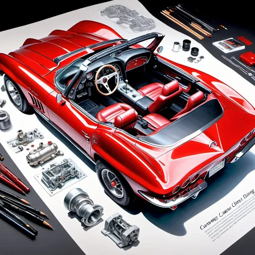 Prompt: create a realistic, hyper detailed, crisp focus, sharp focus, UHD, HDR, 128K, a hyper realistic, vibrant color color pencil technical illustration cutaway drawing, on white paper, of an isometric cherry red 1967 corvette convertible disassembly parts exploded view disassembly, hyper detailed drawing, in the style of Norman Rockwell, Caravaggio, Steve Hanks, and Michael James Smith, using atmospheric perspective, with dramatic lighting, drawing of 
 . The drawing is predominantly adorned with rich vibrant colors, with a striking accent color, BD8B0E, adding an electrifying touch.  add negative space around object. white space. color pencil drawing


a technical illustration cutaway drawing of a small submersible disassembly parts exploded view disassembly