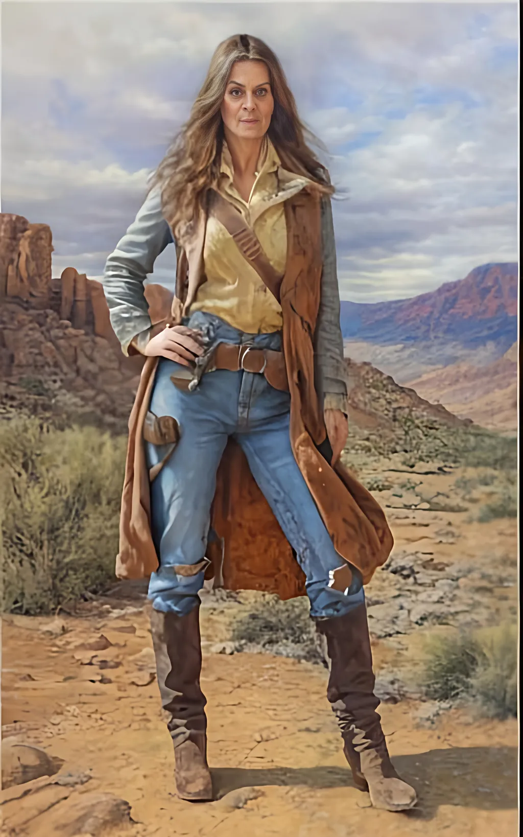 Prompt: create a hyper detailed painting, photo, illustration, UHD, HDR, 128K, colored pencil of a woman in grey robes standing on a boulder in an arid place portrait, ultra detailed, sharp focus, lightly muted color, atmospheric perspective, fade into the background, illustration, in the style of Norman Rockwell, and Steve Cloaked in a weathered leather jacket adorned with patches, an alluring woman wears practical cargo pants and sturdy hiking boots, signifying her connection to the wild. The surroundings showcase an expansive, panoramic view of untouched mountains, dense forests, and a pristine lake, capturing the essence of the wilderness in its raw beauty. Natural sunlight bathes the scene, casting warm and dynamic shadows on the woman's features. The sky is painted with the rich hues of a tranquil sunset, creating a breathtaking palette that mirrors the beauty of the outdoors. Her expression is one of quiet contemplation, a reflection of the peaceful solitude found in the heart of nature. Executed with an exceptional level of detail, the painting captures the intricacies of the woman's windblown hair, the texture of her well-worn jacket, and the nuanced play of light and shadow across the landscape