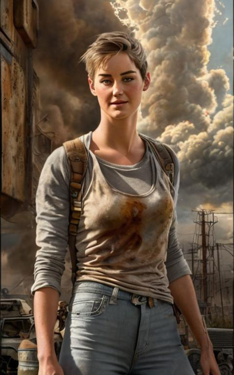 Prompt: create a highly detailed colored pencil drawing on grey paper standing portrait of Shailene Woodley in a post-apocalyptic city in her role as Tris Prior sitting on a boulder with swirling clouds  in the tv movie "Allegiant", in the style of Norman Rockwell, and Steve Hanks and Norman Rockwell. 

poster, photo, UHD, HDR, 128K, digital art, ultra detailed, sharp focus, bright color, standing portrait. Norman Rockwell, Caravaggio, Steve Hanks, Michael James Smith, William Hagerman, Richard Estes, Norman Rockwell.  
                                                                                                                                                      
create a highly detailed colored pencil drawing on grey paper of portrait of Shailene Woodley standing on a boulder , in a futuristic post-apocalyptic city, as portrayed in her role as Tris Prior  in the tv movie "Allegiant"; in the style of Norman Rockwell, and Steve Hanks and Norman Rockwell.  
Tris Prior, portrayed by Shailene Woodley. Tris is a fearless and resilient protagonist, characterized by her strong-willed nature and determination to challenge the oppressive regime in the post-apocalyptic society. In terms of wardrobe, Tris is often seen donning practical yet distinctive attire, reflecting the utilitarian aesthetic of her faction. Her clothing is a blend of rugged, earth-toned fabrics, symbolizing the harsh reality of the world she navigates.




