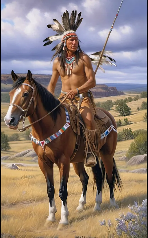 Prompt: create a realistic, hyper detailed, color pencil drawing, hyper detailed, UHD, HDR, 128K, In the heart of a picturesque landscape drawing in the style of Norman Rockwell, Steve Hanks, and Michael James Smith, dramatic natural lighting, portrait of a The Sioux Indian on a galloping horse counting coup is a traditional Native American ceremonial hunt that holds cultural significance among the Sioux people. In this dance, participants often wear elaborate traditional regalia, adorned with feathers, beads, and other symbolic elements.

Imagine a Sioux Indian dog dancer on a galloping horse, dressed in vibrant and meticulously crafted attire, consisting of fringed clothing, a headdress adorned with feathers, and intricate beadwork reflecting the cultural heritage of the Sioux tribe. The dancer moves with purpose and grace, embodying the spirit of the dog dance.