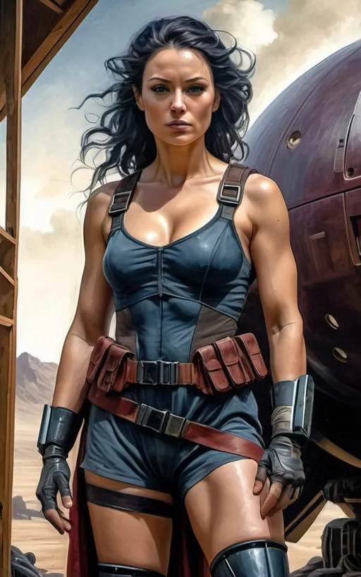 Prompt: Create a realistic, painterly textured painting, and meticulously detailed, dramatic, realistic, hyperrealist, sfumato, vibrant, painterly painting of a woman in a biomechanical exosuit repairing a spacecraft in a cluttered hangar on an alien planet, with an alien skyline and twin moons visible through an open hangar door under an indigo sky.

OUTPUT2:
Create a realistic, impressionistic painting, and meticulously detailed, dramatic, realistic, sfumato, vibrant, painterly painting with sharp detail in the foreground, the artist expertly blends the styles of Norman Rockwell, Gustave Courbet, Steve Hanks, Moebius, Julie Bell, William Hagerman, Andrew Wyeth, Jen Christiansen, Popular Mechanics, and Frank Frazetta. Use Albert Bierstadt lighting and shadows. Use realistic and accurate scale, proportion, perspective, and foreshortening. The protagonist is the focal point of the image. The tonal range of the image is subdued, with a predominance of earthy, muted hues.  The lines, curves, and gradients create a harmonious, organic composition. There is a translucent outer glow around the protagonist. Mute the background and use atmospheric perspective for depth. Make sure the image is not busy or crowded.  Mute the background colors. Use strong natural lighting from one side and use a weak cool reflected light on the opposite side. Convert any protagonist into a contemporary style. Ensure the anatomy of the protagonist is accurate and to scale and the foreshortening and perspective is correct. The image should be lifelike and realistic. The folds of the fabric should look natural. Use atmospheric perspective, dramatic lighting, reflected light, cool colors in the shadows, and warm colors in the light. Use strong dramatic natural lighting from one side, cool colors in the background, and warm colors in the foreground. Use accurate anatomy, proportions, perspective, and foreshortening. Use Color Harmony and a Mother Color.