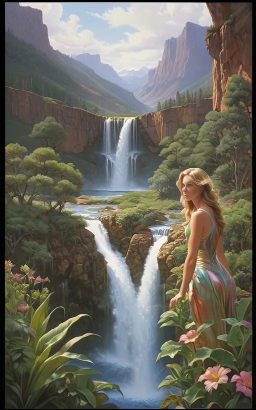 Prompt: in the style of Dalhart Windberg, Jean Baptiste, and Steve Hanks create a highly detailed painting of an otherworldly rainy landscape with green plants and cascading waterfalls. winged women are visible flying around above the water, an awe-inspiring masterpiece revealing a multifaceted tapestry that seamlessly fuses the fantastical and the futuristic. The canvas, an expansive testament to artistic virtuosity, stretches far beyond the viewer's grasp, capturing the infinite wonders of a distant celestial realm. The sky, a captivating celestial dome, pulses with dynamic gradients of color, transitioning from the deepest purples to shimmering iridescent blues, creating an atmospheric kaleidoscope that defies earthly expectations. As the eye delves into the intricacies of this lush alien world, the landscape reveals itself in layers of profound complexity. Atmospheric perspective, a skillful technique employed with precision, imparts a sense of vastness by gently shrouding distant formations in a subtle haze, conjuring an enigmatic allure that beckons exploration. In the foreground, an explosion of vibrant hues unveils an array of alien flora and fauna, each intricately detailed petal and tendril pulsating with an otherworldly energy. The meticulous application of color, reminiscent of the finest brushstrokes, grants life to this vibrant ecosystem, where every shade and tone harmonizes in a mesmerizing dance of color. The orchestration of the golden rectangle theory masterfully guides the arrangement of these vivid elements, weaving a visual symphony that invites the viewer on a journey through the composition. Dramatic lighting, reminiscent of celestial phenomena, bathes the scene in a dynamic radiance. Long shadows stretch across the jagged peaks and valleys, enhancing the three-dimensional quality of the landscape and infusing the environment with a sense of dynamism. The interplay between positive and negative space is an intricate ballet, where empty expanses seamlessly guide the viewer's gaze through the scene.