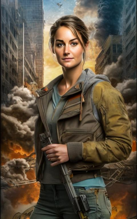 Prompt: create a highly detailed colored pencil drawing on grey paper standing portrait of Shailene Woodley in a post-apocalyptic city in her role as Tris Prior sitting on a boulder with swirling clouds  in the tv movie "Allegiant", in the style of Norman Rockwell, and Steve Hanks and Norman Rockwell. 

poster, photo, UHD, HDR, 128K, digital art, ultra detailed, sharp focus, bright color, standing portrait. Norman Rockwell, Caravaggio, Steve Hanks, Michael James Smith, William Hagerman, Richard Estes, Norman Rockwell.  
                                                                                                                                                      
create a highly detailed colored pencil drawing on grey paper of portrait of Shailene Woodley standing on a boulder , in a futuristic post-apocalyptic city, as portrayed in her role as Tris Prior  in the tv movie "Allegiant"; in the style of Norman Rockwell, and Steve Hanks and Norman Rockwell.  
Tris Prior, portrayed by Shailene Woodley. Tris is a fearless and resilient protagonist, characterized by her strong-willed nature and determination to challenge the oppressive regime in the post-apocalyptic society. In terms of wardrobe, Tris is often seen donning practical yet distinctive attire, reflecting the utilitarian aesthetic of her faction. Her clothing is a blend of rugged, earth-toned fabrics, symbolizing the harsh reality of the world she navigates.




