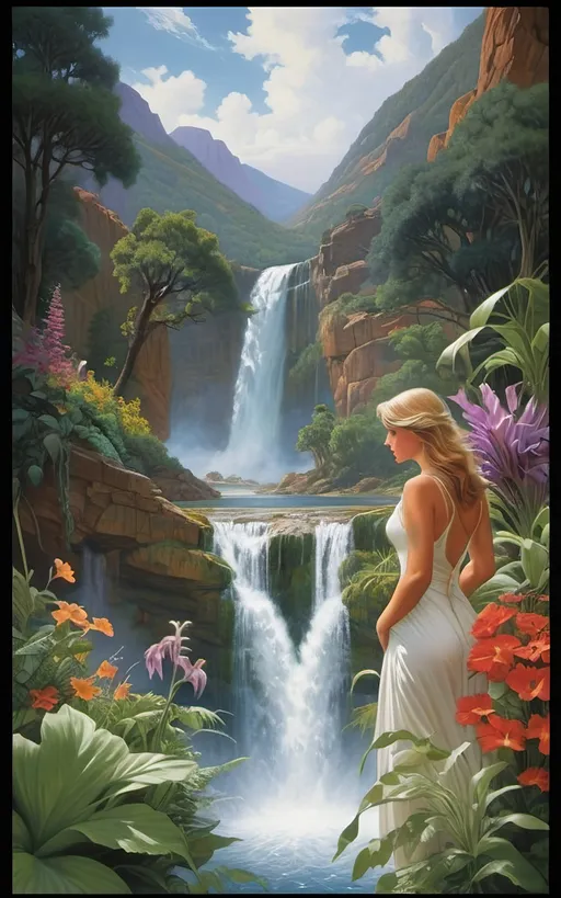 Prompt: in the style of Dalhart Windberg, Jean Baptiste, and Steve Hanks create a highly detailed painting of an otherworldly rainy landscape with green plants and cascading waterfalls. winged women are visible flying around above the water, an awe-inspiring masterpiece revealing a multifaceted tapestry that seamlessly fuses the fantastical and the futuristic. The canvas, an expansive testament to artistic virtuosity, stretches far beyond the viewer's grasp, capturing the infinite wonders of a distant celestial realm. The sky, a captivating celestial dome, pulses with dynamic gradients of color, transitioning from the deepest purples to shimmering iridescent blues, creating an atmospheric kaleidoscope that defies earthly expectations. As the eye delves into the intricacies of this lush alien world, the landscape reveals itself in layers of profound complexity. Atmospheric perspective, a skillful technique employed with precision, imparts a sense of vastness by gently shrouding distant formations in a subtle haze, conjuring an enigmatic allure that beckons exploration. In the foreground, an explosion of vibrant hues unveils an array of alien flora and fauna, each intricately detailed petal and tendril pulsating with an otherworldly energy. The meticulous application of color, reminiscent of the finest brushstrokes, grants life to this vibrant ecosystem, where every shade and tone harmonizes in a mesmerizing dance of color. The orchestration of the golden rectangle theory masterfully guides the arrangement of these vivid elements, weaving a visual symphony that invites the viewer on a journey through the composition. Dramatic lighting, reminiscent of celestial phenomena, bathes the scene in a dynamic radiance. Long shadows stretch across the jagged peaks and valleys, enhancing the three-dimensional quality of the landscape and infusing the environment with a sense of dynamism. The interplay between positive and negative space is an intricate ballet, where empty expanses seamlessly guide the viewer's gaze through the scene.