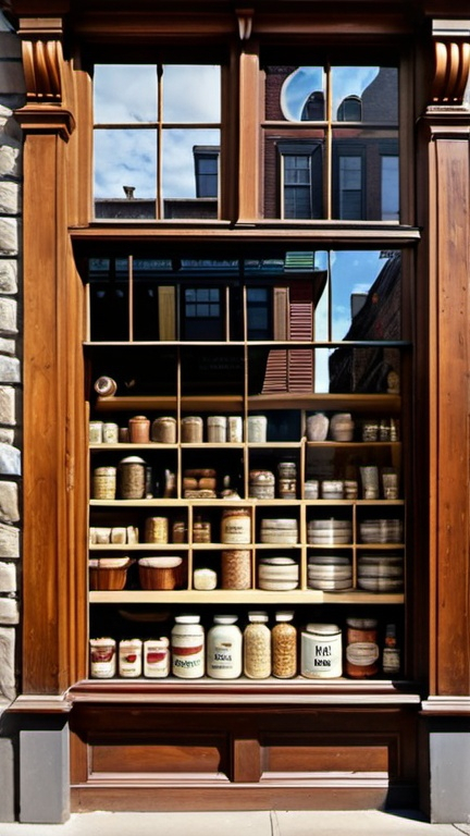 Prompt: create a highly detailed colored pencil drawing standing portrait on grey paper, in the style of Norman Rockwell, Tsutomu Nihei and Steve Hanks of a dry goods store façade. shown are wooden façade and wooden sidewalk, the door and front window with reflection of western dry goods store in 1880 zoomed into plate glass window with the words "Dry Goods" painted on window with reflection; view of the window and door front view portrait of the façade of a dry goods store. The 1880s dry goods store presents a nostalgic glimpse into the past, frozen in a frame of time. The weathered façade of the establishment, constructed from aged wood, bears the marks of countless seasons and stories. As you zoom in, your eyes are drawn to the front window, a portal to the world within. The window, adorned with the bold proclamation "Dry Goods" in a rustic western font, is a canvas that captures the essence of the era. Half of the glass surface is dappled with a glaring reflection, mirroring the surroundings of the bustling street. Buildings, clouds, and the expansive sky blend into a mosaic of distorted imagery, adding an atmospheric touch to the scene. On the unblemished half of the window, the interior of the store comes to life. A curated display of dry goods, neatly arranged on shelves, is visible to those passing by. Bolts of fabric, hats, and various items that cater to the needs of the townsfolk create a visual feast behind the clear glass.