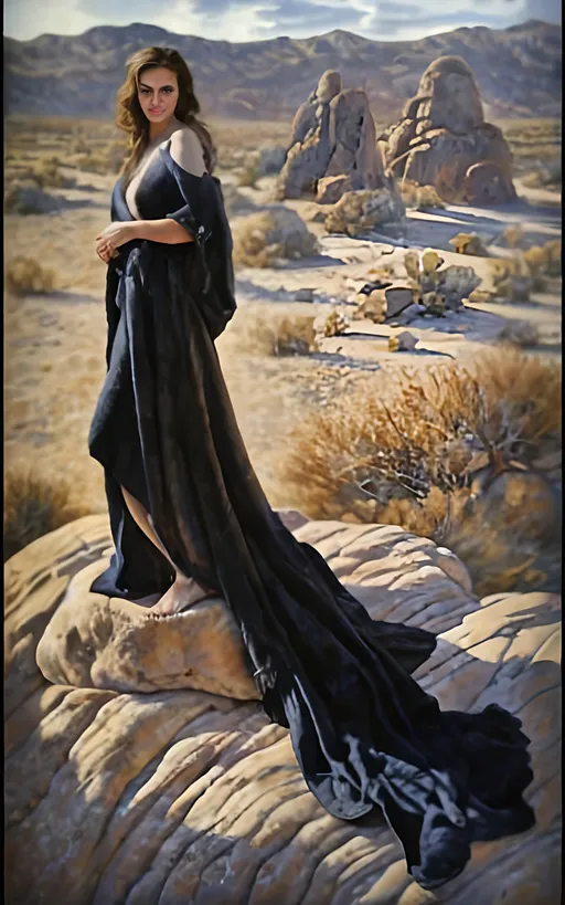 Prompt: create a hyper detailed painting, photo, illustration, UHD, HDR, 128K, colored pencil of a woman in grey robes standing on a boulder in an arid place portrait, ultra detailed, sharp focus, lightly muted color, atmospheric perspective, fade into the background, illustration, in the style of Norman Rockwell, and Steve Cloaked in a weathered leather jacket adorned with patches, an alluring woman wears practical cargo pants and sturdy hiking boots, signifying her connection to the wild. The surroundings showcase an expansive, panoramic view of untouched mountains, dense forests, and a pristine lake, capturing the essence of the wilderness in its raw beauty. Natural sunlight bathes the scene, casting warm and dynamic shadows on the woman's features. The sky is painted with the rich hues of a tranquil sunset, creating a breathtaking palette that mirrors the beauty of the outdoors. Her expression is one of quiet contemplation, a reflection of the peaceful solitude found in the heart of nature. Executed with an exceptional level of detail, the painting captures the intricacies of the woman's windblown hair, the texture of her well-worn jacket, and the nuanced play of light and shadow across the landscape