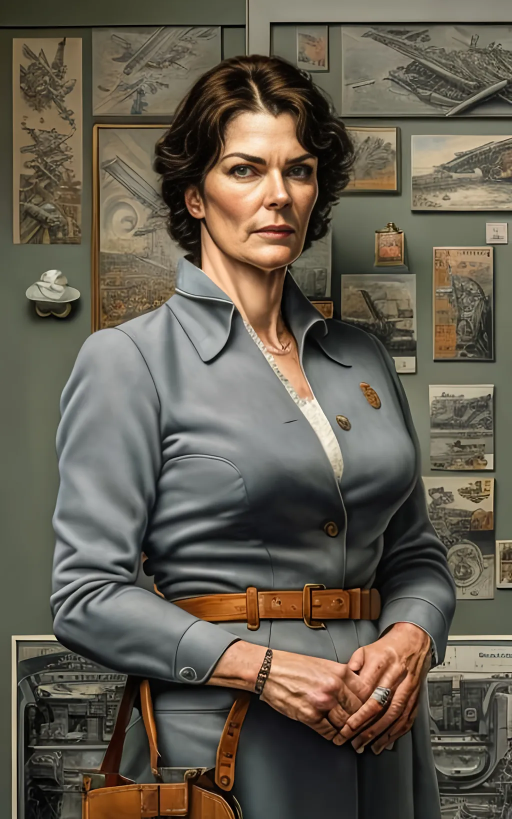 Prompt: create a highly detailed colored pencil drawing standing portrait on grey paper, in the style of Norman Rockwell, Tsutomu Nihei and Steve Hanks. Every detail is meticulously captured, in HDR (High Dynamic Range), UHD (Ultra High Definition), and 1080p. Michelle Forbes portrays Admiral Helena Cain in the drama tv movie "Battlestar Galactica." wearing a leather uniform. use all best practices in art and design to produce what would be recognized as a master work art piece. use accurate perspective and foreshortening. use atmospheric perspective. create expressive faces and use dramatic lighting. fur coat and fur hat. Michelle Forbes portrays Admiral Helena Cain: Pegasus's formidable commander, Cain, exudes steely authority in her perfectly tailored uniform. Her blonde hair, pulled back in a tight bun, and her cold blue eyes leave no room for doubt about her unwavering resolve. Her crisp attire, devoid of any personal touches, reflects her single-minded focus on military efficiency and victory at any cost. She's a force of nature, her presence demanding obedience and respect, even from the seasoned officers of Galactica., cinematic, illustration, poster, portrait photography