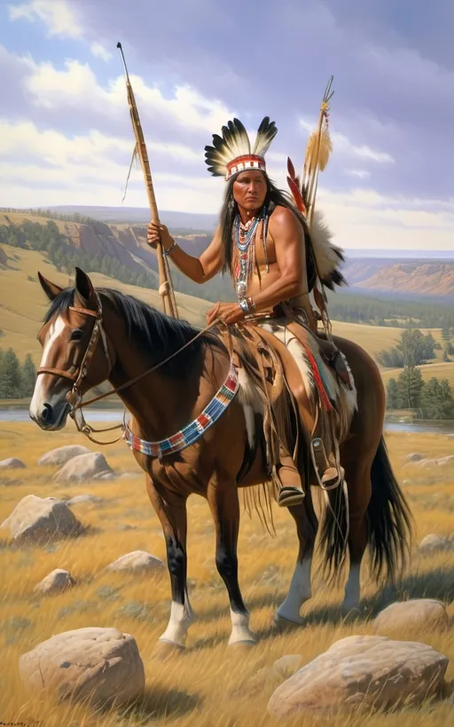 Prompt: create a realistic, hyper detailed, color pencil drawing, hyper detailed, UHD, HDR, 128K, In the heart of a picturesque landscape drawing in the style of Norman Rockwell, Steve Hanks, and Michael James Smith, dramatic natural lighting, portrait of a The Sioux Indian on a galloping horse counting coup is a traditional Native American ceremonial hunt that holds cultural significance among the Sioux people. In this dance, participants often wear elaborate traditional regalia, adorned with feathers, beads, and other symbolic elements.

Imagine a Sioux Indian dog dancer on a galloping horse, dressed in vibrant and meticulously crafted attire, consisting of fringed clothing, a headdress adorned with feathers, and intricate beadwork reflecting the cultural heritage of the Sioux tribe. The dancer moves with purpose and grace, embodying the spirit of the dog dance.