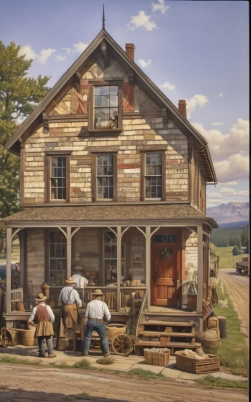 Prompt: create a realistic, hyper detailed, color pencil drawing, hyper detailed, UHD, HDR, 128K, In the heart of a picturesque landscape drawing in the style of Norman Rockwell, Steve Hanks, and Michael James Smith, dramatic natural lighting, façade door and front window with reflection of western dry goods store in 1880 zoomed into window with "Dry Goods" painted on window with reflection; view of the window and door front view portrait of the façade of a dry goods store. The 1880s dry goods store presents a nostalgic glimpse into the past, frozen in a frame of time. The weathered façade of the establishment, constructed from aged wood, bears the marks of countless seasons and stories. As you zoom in, your eyes are drawn to the front window, a portal to the world within. The window, adorned with the bold proclamation "Dry Goods" in a rustic western font, is a canvas that captures the essence of the era. Half of the glass surface is dappled with a glaring reflection, mirroring the surroundings of the bustling street. Buildings, clouds, and the expansive sky blend into a mosaic of distorted imagery, adding an atmospheric touch to the scene. On the unblemished half of the window, the interior of the store comes to life. A curated display of dry goods, neatly arranged on shelves, is visible to those passing by. Bolts of fabric, hats, and various items that cater to the needs of the townsfolk create a visual feast behind the clear glass.