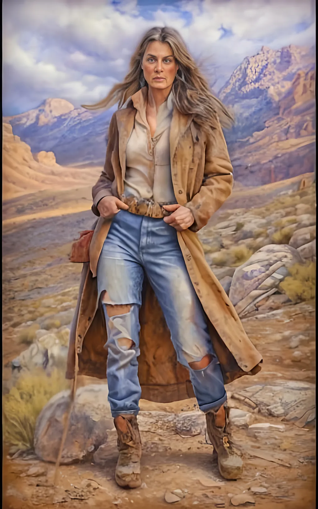 Prompt: create a hyper detailed painting, photo, illustration, UHD, HDR, 128K, colored pencil of a woman in grey robes standing on a boulder in an arid place portrait, ultra detailed, sharp focus, lightly muted color, atmospheric perspective, fade into the background, illustration, in the style of Norman Rockwell, and Steve Cloaked in a weathered leather jacket adorned with patches, an alluring woman wears practical cargo pants and sturdy hiking boots, signifying her connection to the wild. The surroundings showcase an expansive, panoramic view of untouched mountains, dense forests, and a pristine lake, capturing the essence of the wilderness in its raw beauty. Natural sunlight bathes the scene, casting warm and dynamic shadows on the woman's features. The sky is painted with the rich hues of a tranquil sunset, creating a breathtaking palette that mirrors the beauty of the outdoors. Her expression is one of quiet contemplation, a reflection of the peaceful solitude found in the heart of nature. Executed with an exceptional level of detail, the painting captures the intricacies of the woman's windblown hair, the texture of her well-worn jacket, and the nuanced play of light and shadow across the landscape