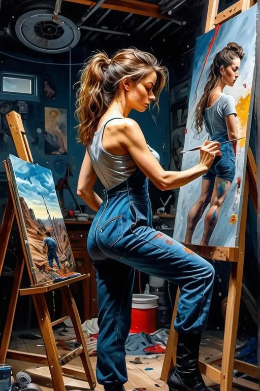 Prompt: Create a realistic, painting, and meticulously detailed, dramatic, realistic, hyperrealist, sfumato, vibrant, painterly painting of a woman in a biomechanical exosuit repairing a spacecraft in a cluttered hangar on an alien planet, with an alien skyline and twin moons visible through an open hangar door under an indigo sky.

OUTPUT2:
Create a realistic, impressionistic painting, and meticulously detailed, dramatic, realistic, sfumato, vibrant, painterly painting with sharp detail in the foreground, the artist expertly blends the styles of Norman Rockwell, Gustave Courbet, Steve Hanks, Moebius, Julie Bell, William Hagerman, Andrew Wyeth, Jen Christiansen, Popular Mechanics, and Frank Frazetta. Use Albert Bierstadt lighting and shadows. Use realistic and accurate scale, proportion, perspective, and foreshortening. The protagonist is the focal point of the image. The tonal range of the image is subdued, with a predominance of earthy, muted hues.  The lines, curves, and gradients create a harmonious, organic composition. There is a translucent outer glow around the protagonist. Mute the background and use atmospheric perspective for depth. Make sure the image is not busy or crowded.  Mute the background colors. Use strong natural lighting from one side and use a weak cool reflected light on the opposite side. Convert any protagonist into a contemporary style. Ensure the anatomy of the protagonist is accurate and to scale and the foreshortening and perspective is correct. The image should be lifelike and realistic. The folds of the fabric should look natural. Use atmospheric perspective, dramatic lighting, reflected light, cool colors in the shadows, and warm colors in the light. Use strong dramatic natural lighting from one side, cool colors in the background, and warm colors in the foreground. Use accurate anatomy, proportions, perspective, and foreshortening. Use Color Harmony and a Mother Color.