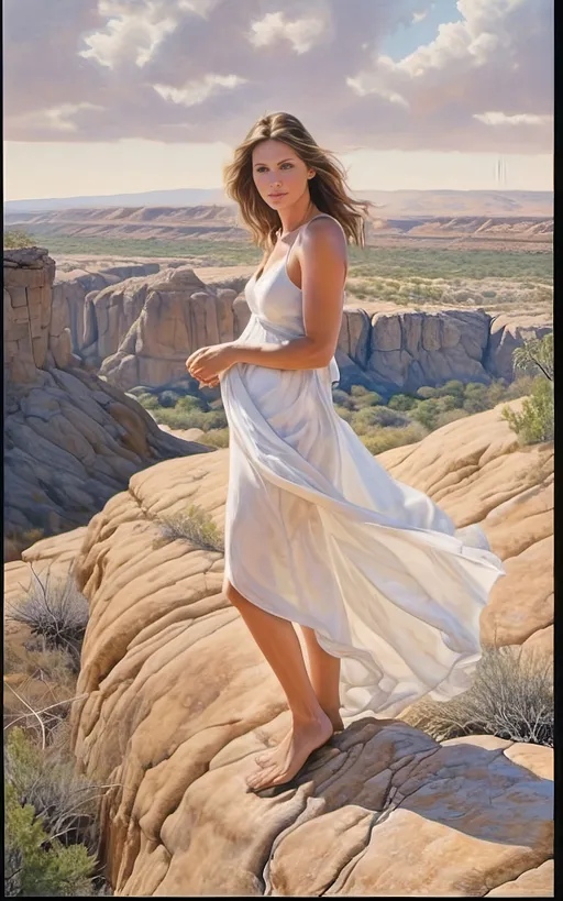 Prompt: create a hyper detailed, color pencil drawing, hyper detailed, UHD, HDR, 128K, standing on a rock portrait of a woman in in a semi-arid landscape portrait drawing in the style of Norman Rockwell, Steve Hanks, and Michael James Smith, portrait of woman, standing on the rock edge of a gulley with white drape billowing in the high wind. The woman forged by the harsh sands of a dystopian future and stands on the edge of a wide and rock gully with cracked stone and rock pebbles. Along the gully are ledges of rock overhanging over the edges of the gully and it is trimmed with mostly dry but an occasionally green brush, grass and tumble weed or other forest fauna including vines. in the middle of the gully there are falls of water still left from the last deluge that reflect the blue sky. a Texas Jackrabbit is brave enough to wander out to test the water. The rest of the scene is an serene scene with lush brush and grass. Dramatic natural light. There is a blue sky with swirling cumulus clouds. There are low hills in the far distance that are faded and blue and some trees can be seen in the distance. There is ponding water that reflects the sky., 3d render, painting, photo, cinematic, poster