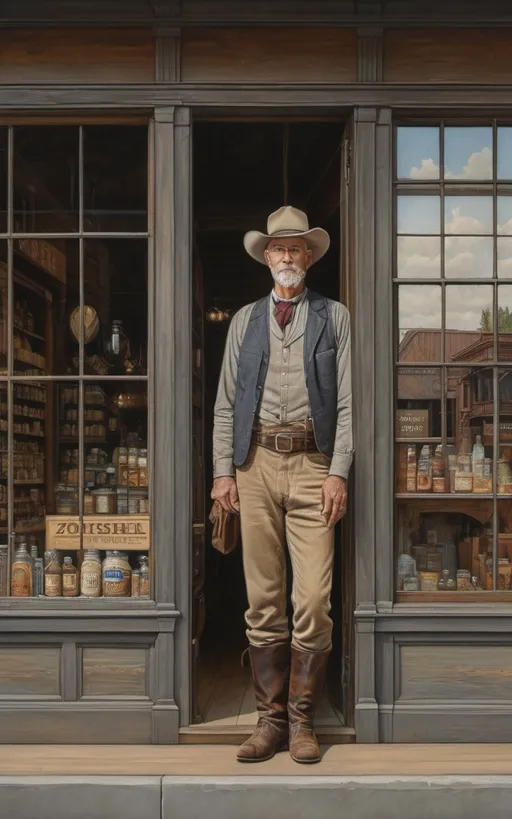 Prompt: create a highly detailed colored pencil drawing standing portrait on grey paper, in the style of Norman Rockwell, Tsutomu Nihei and Steve Hanks of a dry goods store façade. shown are wooden façade and wooden sidewalk, the door and front windows on each side with reflection of western dry goods store in 1880 zoomed into plate glass window with the words "Dry Goods" painted on window with a bright reflection; view of the window and door front view portrait of the façade of a dry goods store. The 1880s dry goods store presents a nostalgic glimpse into the past. The weathered façade of the establishment, constructed from aged wood. the front window is a portal to the world within. The window, adorned with the bold proclamation "Dry Goods" in a rustic western font. Half of the glass surface is dappled with a glaring reflection of the sky and street in front of the store. A horse and buckboard wagon is parked in the front half loaded with dry goods. The town sheriff is leaning on edifice