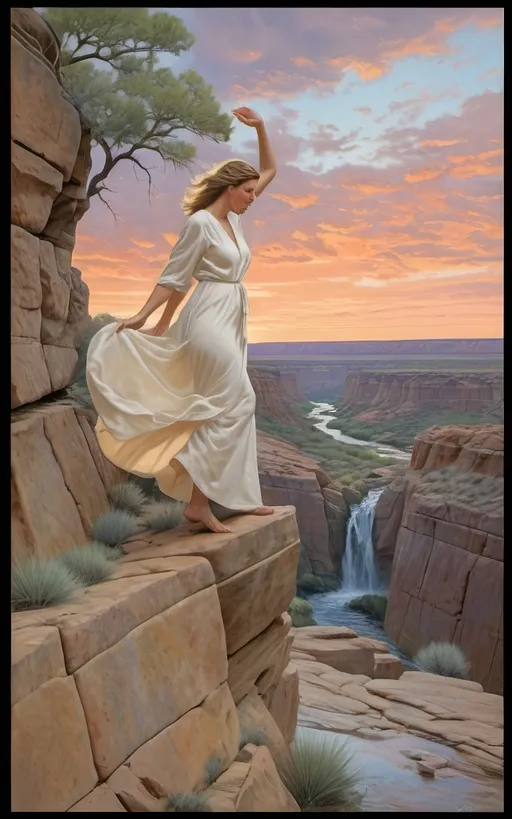 Prompt: highly detailed, UHD, HDR, 128K, color pencil, in the style of Norman Rockwell and Steve Hanks, with very fine grain style. a shallow and wide and rock gully with cracked stone and rock pebbles. A beautiful woman in white flowing robes stands on the edge of the rock ledge and the wind is blowing. There are ledges of rock overhanging over the edges of the gully and it is trimmed with mostly dry but an occasionally green brush, grass and tumble weed or other forest fauna including vines. in the middle of the gully there are falls of water still left from the last deluge that reflect the blue sky. a Texas Jackrabbit is brave enough to wander out to test the water. The rest of the scene is an serene scene with lush brush and grass. There is a blue sky with swirling cumulus clouds. There are low hills in the far distance that are faded and blue and some trees can be seen in the distance. There is ponding water that reflects the sky., 3d render, painting, photo, cinematic, poster