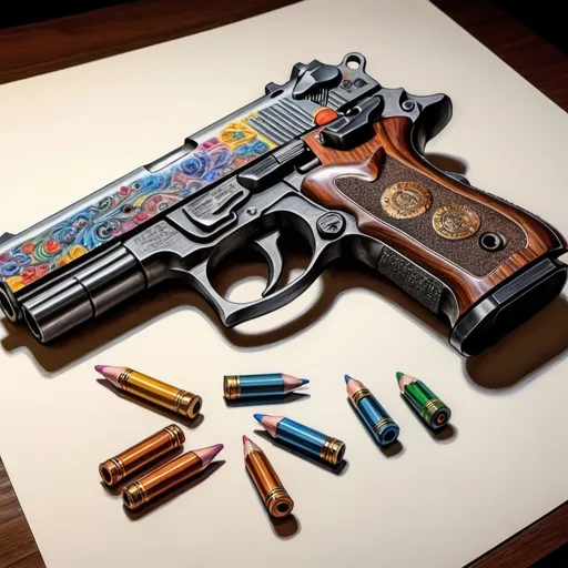 Prompt: create a realistic, hyper detailed, crisp focus, sharp focus, UHD, HDR, 128K, a hyper realistic, vibrant color pencil drawing of a 45 caliber pistol assembly exploded view disassembly, hyper detailed drawing, in the style of Norman Rockwell, Caravaggio, Steve Hanks, and Michael James Smith, using atmospheric perspective, with dramatic lighting, drawing of 
 . The drawing is predominantly adorned with rich vibrant colors, with a striking accent color, BD8B0E, adding an electrifying touch, 


a 45 caliber pistol assembly exploded view disassembly