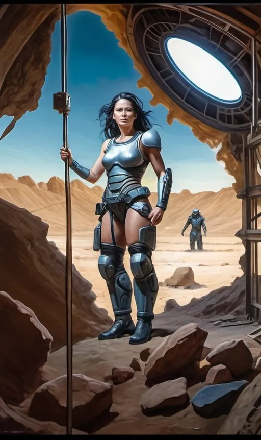 Prompt: Create a realistic, painterly textured painting, and meticulously detailed, dramatic, realistic, hyperrealist, sfumato, vibrant, painterly painting of a woman in a biomechanical exosuit repairing a spacecraft in a cluttered hangar on an alien planet, with an alien skyline and twin moons visible through an open hangar door under an indigo sky.

OUTPUT2:
Create a realistic, impressionistic painting, and meticulously detailed, dramatic, realistic, sfumato, vibrant, painterly painting with sharp detail in the foreground, the artist expertly blends the styles of Norman Rockwell, Gustave Courbet, Steve Hanks, Moebius, Julie Bell, William Hagerman, Andrew Wyeth, Jen Christiansen, Popular Mechanics, and Frank Frazetta. Use Albert Bierstadt lighting and shadows. Use realistic and accurate scale, proportion, perspective, and foreshortening. The protagonist is the focal point of the image. The tonal range of the image is subdued, with a predominance of earthy, muted hues.  The lines, curves, and gradients create a harmonious, organic composition. There is a translucent outer glow around the protagonist. Mute the background and use atmospheric perspective for depth. Make sure the image is not busy or crowded.  Mute the background colors. Use strong natural lighting from one side and use a weak cool reflected light on the opposite side. Convert any protagonist into a contemporary style. Ensure the anatomy of the protagonist is accurate and to scale and the foreshortening and perspective is correct. The image should be lifelike and realistic. The folds of the fabric should look natural. Use atmospheric perspective, dramatic lighting, reflected light, cool colors in the shadows, and warm colors in the light. Use strong dramatic natural lighting from one side, cool colors in the background, and warm colors in the foreground. Use accurate anatomy, proportions, perspective, and foreshortening. Use Color Harmony and a Mother Color.