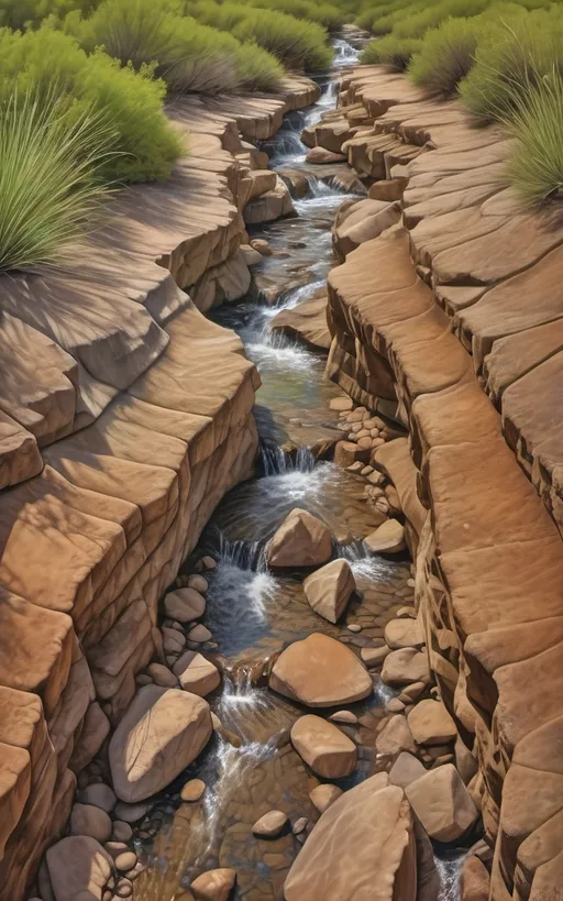 Prompt: highly detailed, UHD, HDR, 128K, color pencil, in the style of Norman Rockwell and Steve Hanks, with very fine grain style. a shallow and wide and rock gully with cracked stone and rock pebbles. A beautiful woman in white flowing robes stands on the edge of the rock ledge and the wind is blowing. There are ledges of rock overhanging over the edges of the gully and it is trimmed with mostly dry but an occasionally green brush, grass and tumble weed or other forest fauna including vines. in the middle of the gully there are falls of water still left from the last deluge that reflect the blue sky. a Texas Jackrabbit is brave enough to wander out to test the water. The rest of the scene is an serene scene with lush brush and grass. There is a blue sky with swirling cumulus clouds. There are low hills in the far distance that are faded and blue and some trees can be seen in the distance. There is ponding water that reflects the sky., 3d render, painting, photo, cinematic, poster