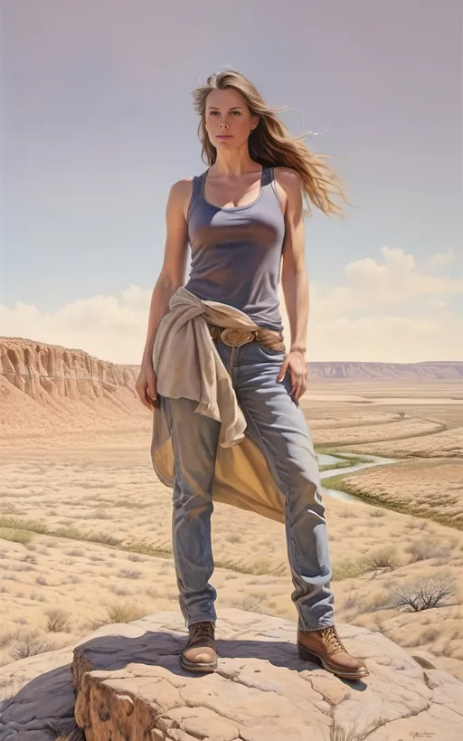 Prompt: create a hyper detailed, color pencil drawing, hyper detailed, UHD, HDR, 128K, standing on a rock portrait of a woman in in a semi-arid landscape portrait drawing in the style of Norman Rockwell, Steve Hanks, and Michael James Smith, portrait of woman, standing on the rock edge of a gulley with white drape billowing in the high wind. The woman forged by the harsh sands of a dystopian future and stands on the edge of a wide and rock gully with cracked stone and rock pebbles. Along the gully are ledges of rock overhanging over the edges of the gully and it is trimmed with mostly dry but an occasionally green brush, grass and tumble weed or other forest fauna including vines. in the middle of the gully there are falls of water still left from the last deluge that reflect the blue sky. a Texas Jackrabbit is brave enough to wander out to test the water. The rest of the scene is an serene scene with lush brush and grass. Dramatic natural light. There is a blue sky with swirling cumulus clouds. There are low hills in the far distance that are faded and blue and some trees can be seen in the distance. There is ponding water that reflects the sky., 3d render, painting, photo, cinematic, poster