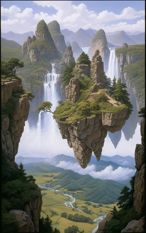 Prompt: in the style of Dalhart Windberg, Jean Baptiste, and Steve Hanks create a highly detailed and photorealistic painting of an otherworldly painting in of photorealistic realism of groups of floating mountains and verdant islands and some flat floating lands connected to each other by vines and tree roots, seemingly torn from a distant mountain range, create a surreal dreamscape that captivates the senses. These colossal formations, each with its own unique contours and character, cluster together in a harmonious dance of shapes and sizes, forming a mesmerizing tapestry against the backdrop of an endless sky. Upon these suspended landmasses, life flourishes in abundance. Trees of unimaginable size and diversity adorn the islands, their roots and vines intertwining in a delicate ballet that weaves through the air, connecting the floating wonders in a labyrinth of greenery. From the lofty peaks to the hidden recesses within the rocks, a myriad of flora and fauna thrives, painting the landscape with a kaleidoscope of colors and textures. As if drawn by an unseen hand, cascading waterfalls emerge from hidden springs nestled within the heart of the mountains, their crystalline streams carving sinuous paths down rugged slopes before dissolving into a fine mist that shrouds the landscape in an otherworldly veil. The air is alive with the soothing melody of rushing water and the gentle rustle of leaves, a symphony that echoes through the expanse, imbuing it with a sense of serene tranquility. Enveloping the floating marvels is a perpetual mist, its ethereal embrace adding an aura of mystery to the scene, obscuring distant vistas in a tantalizing haze. Below the suspended wonders lies a lush expanse of rolling hills and verdant valleys, their contours softened by a carpet of emerald foliage that stretches as far as the eye can see. Rocky bluffs rise majestically from the earth, their weathered faces bearing testament to the passage of time., cinematic, photo, poster