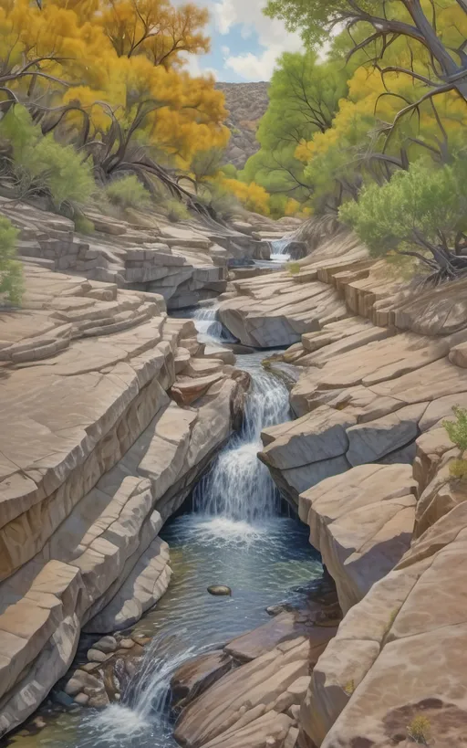 Prompt: highly detailed, UHD, HDR, 128K, color pencil, in the style of Norman Rockwell and Steve Hanks, with very fine grain style. a shallow and wide and rock gully with cracked stone and rock pebbles. A beautiful woman in white flowing robes stands on the edge of the rock ledge and the wind is blowing. There are ledges of rock overhanging over the edges of the gully and it is trimmed with mostly dry but an occasionally green brush, grass and tumble weed or other forest fauna including vines. in the middle of the gully there are falls of water still left from the last deluge that reflect the blue sky. a Texas Jackrabbit is brave enough to wander out to test the water. The rest of the scene is an serene scene with lush brush and grass. There is a blue sky with swirling cumulus clouds. There are low hills in the far distance that are faded and blue and some trees can be seen in the distance. There is ponding water that reflects the sky., 3d render, painting, photo, cinematic, poster