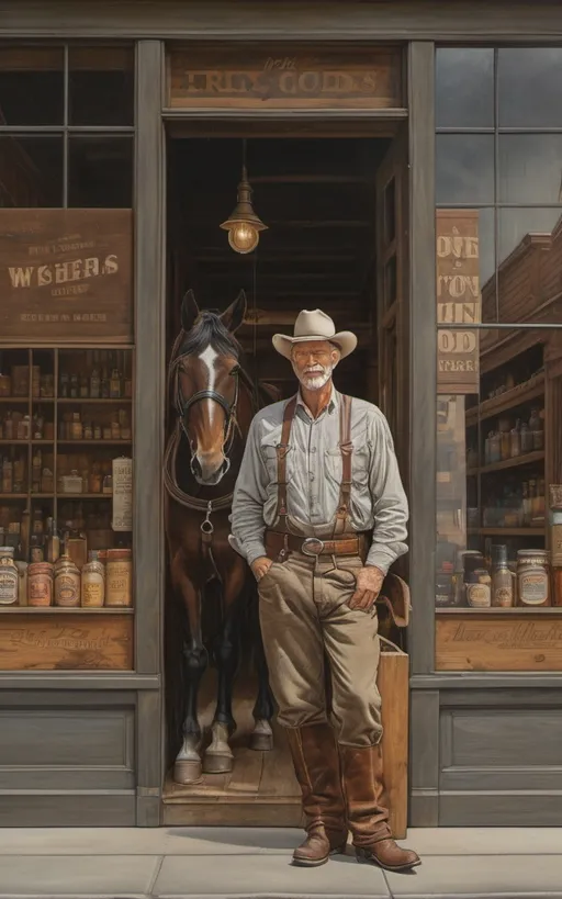 Prompt: create a highly detailed colored pencil drawing standing portrait on grey paper, in the style of Norman Rockwell, Tsutomu Nihei and Steve Hanks of a dry goods store façade. shown are wooden façade and wooden sidewalk, the door and front windows on each side with reflection of western dry goods store in 1880 zoomed into plate glass window with the words "Dry Goods" painted on window with a bright reflection; view of the window and door front view portrait of the façade of a dry goods store. The 1880s dry goods store presents a nostalgic glimpse into the past. The weathered façade of the establishment, constructed from aged wood. the front window is a portal to the world within. The window, adorned with the bold proclamation "Dry Goods" in a rustic western font. Half of the glass surface is dappled with a glaring reflection of the sky and street in front of the store. A horse and buckboard wagon is parked in the front half loaded with dry goods. The town sheriff is leaning on edifice