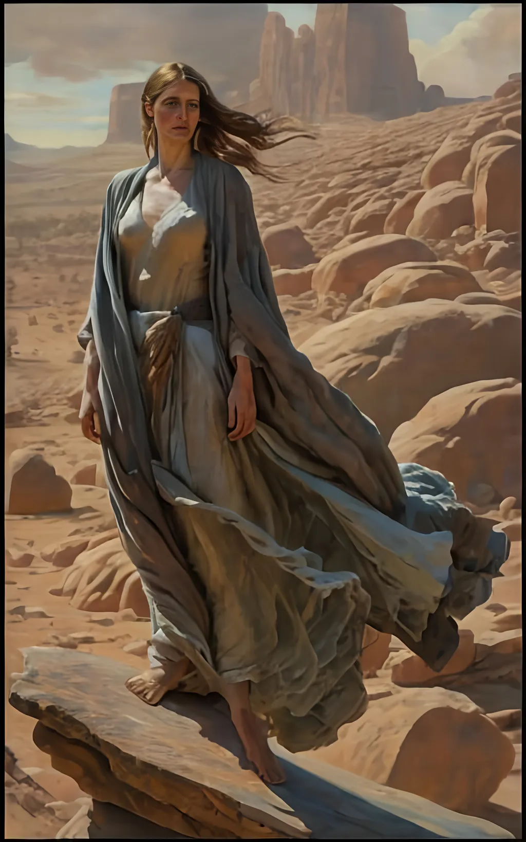 Prompt: create a hyper detailed painting, photo, illustration, UHD, HDR, 128K, colored pencil of a woman in grey robes standing on a boulder in an arid place portrait, ultra detailed, sharp focus, lightly muted color, atmospheric perspective, fade into the background, illustration, in the style of Norman Rockwell, and Steve Cloaked in a weathered leather jacket adorned with patches, an alluring woman wears practical cargo pants and sturdy hiking boots, signifying her connection to the wild. The surroundings showcase an expansive, panoramic view of untouched mountains, dense forests, and a pristine lake, capturing the essence of the wilderness in its raw beauty. Natural sunlight bathes the scene, casting warm and dynamic shadows on the woman's features. The sky is painted with the rich hues of a tranquil sunset, creating a breathtaking palette that mirrors the beauty of the outdoors. Her expression is one of quiet contemplation, a reflection of the peaceful solitude found in the heart of nature. Executed with an exceptional level of detail, the painting captures the intricacies of the woman's windblown hair, the texture of her well-worn jacket, and the nuanced play of light and shadow across the landscape