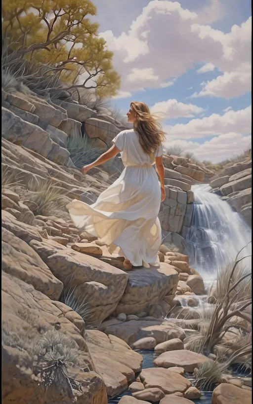 Prompt: highly detailed, UHD, HDR, 128K, color pencil, in the style of Norman Rockwell and Steve Hanks, with very fine grain style. a shallow and wide and rock gully with cracked stone and rock pebbles. A beautiful woman in white flowing robes stands on the edge of the rock ledge and the wind is blowing. There are ledges of rock overhanging over the edges of the gully and it is trimmed with mostly dry but an occasionally green brush, grass and tumble weed or other forest fauna including vines. in the middle of the gully there are falls of water still left from the last deluge that reflect the blue sky. a Texas Jackrabbit is brave enough to wander out to test the water. The rest of the scene is an serene scene with lush brush and grass. There is a blue sky with swirling cumulus clouds. There are low hills in the far distance that are faded and blue and some trees can be seen in the distance. There is ponding water that reflects the sky., 3d render, painting, photo, cinematic, poster