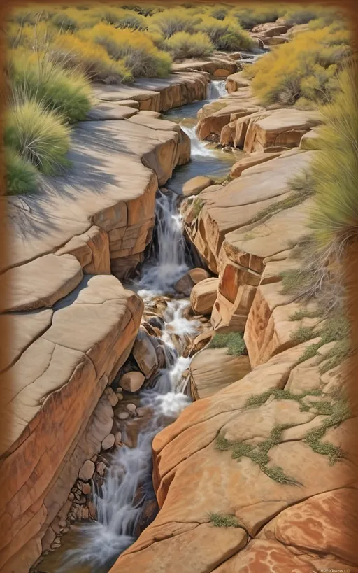 Prompt: highly detailed, UHD, HDR, 128K, color pencil, in the style of Norman Rockwell and Steve Hanks, with very fine grain style. a shallow and wide and rock gully with cracked stone and rock pebbles. A beautiful woman in white flowing robes stands on the edge of the rock ledge and the wind is blowing. There are ledges of rock overhanging over the edges of the gully and it is trimmed with mostly dry but an occasionally green brush, grass and tumble weed or other forest fauna including vines. in the middle of the gully there are falls of water still left from the last deluge that reflect the blue sky. a Texas Jackrabbit is brave enough to wander out to test the water. The rest of the scene is an serene scene with lush brush and grass. There is a blue sky with swirling cumulus clouds. There are low hills in the far distance that are faded and blue and some trees can be seen in the distance. There is ponding water that reflects the sky., 3d render, painting, photo, cinematic, poster