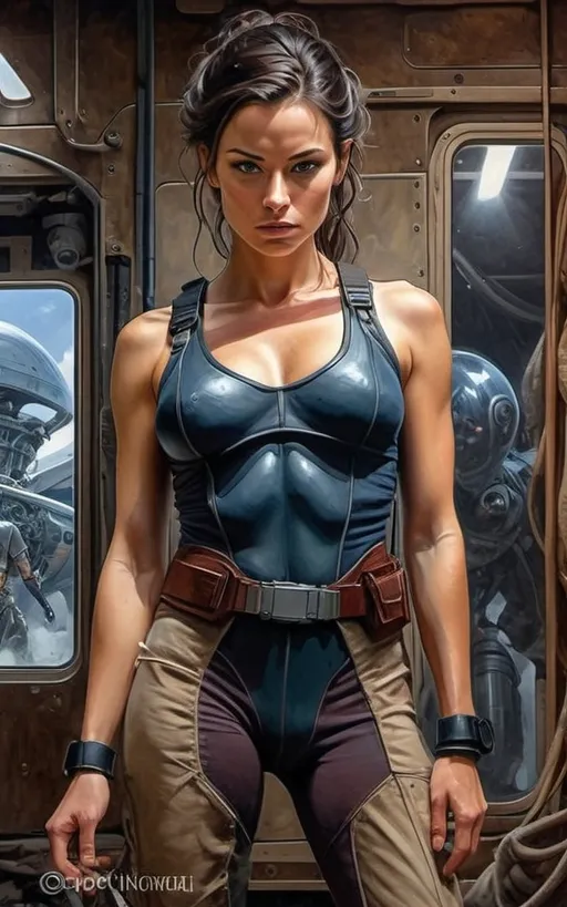 Prompt: Create a realistic, painterly textured painting, and meticulously detailed, dramatic, realistic, hyperrealist, sfumato, vibrant, painterly painting of a woman in a biomechanical exosuit repairing a spacecraft in a cluttered hangar on an alien planet, with an alien skyline and twin moons visible through an open hangar door under an indigo sky.

OUTPUT2:
Create a realistic, impressionistic painting, and meticulously detailed, dramatic, realistic, sfumato, vibrant, painterly painting with sharp detail in the foreground, the artist expertly blends the styles of Norman Rockwell, Gustave Courbet, Steve Hanks, Moebius, Julie Bell, William Hagerman, Andrew Wyeth, Jen Christiansen, Popular Mechanics, and Frank Frazetta. Use Albert Bierstadt lighting and shadows. Use realistic and accurate scale, proportion, perspective, and foreshortening. The protagonist is the focal point of the image. The tonal range of the image is subdued, with a predominance of earthy, muted hues.  The lines, curves, and gradients create a harmonious, organic composition. There is a translucent outer glow around the protagonist. Mute the background and use atmospheric perspective for depth. Make sure the image is not busy or crowded.  Mute the background colors. Use strong natural lighting from one side and use a weak cool reflected light on the opposite side. Convert any protagonist into a contemporary style. Ensure the anatomy of the protagonist is accurate and to scale and the foreshortening and perspective is correct. The image should be lifelike and realistic. The folds of the fabric should look natural. Use atmospheric perspective, dramatic lighting, reflected light, cool colors in the shadows, and warm colors in the light. Use strong dramatic natural lighting from one side, cool colors in the background, and warm colors in the foreground. Use accurate anatomy, proportions, perspective, and foreshortening. Use Color Harmony and a Mother Color.