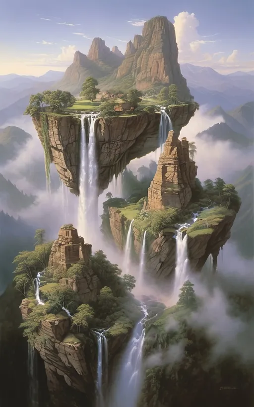 Prompt: in the style of Dalhart Windberg, Jean Baptiste, and Steve Hanks create a highly detailed and photorealistic painting of an otherworldly painting in of photorealistic realism of groups of floating mountains and verdant islands and some flat floating lands connected to each other by vines and tree roots, seemingly torn from a distant mountain range, create a surreal dreamscape that captivates the senses. These colossal formations, each with its own unique contours and character, cluster together in a harmonious dance of shapes and sizes, forming a mesmerizing tapestry against the backdrop of an endless sky. Upon these suspended landmasses, life flourishes in abundance. Trees of unimaginable size and diversity adorn the islands, their roots and vines intertwining in a delicate ballet that weaves through the air, connecting the floating wonders in a labyrinth of greenery. From the lofty peaks to the hidden recesses within the rocks, a myriad of flora and fauna thrives, painting the landscape with a kaleidoscope of colors and textures. As if drawn by an unseen hand, cascading waterfalls emerge from hidden springs nestled within the heart of the mountains, their crystalline streams carving sinuous paths down rugged slopes before dissolving into a fine mist that shrouds the landscape in an otherworldly veil. The air is alive with the soothing melody of rushing water and the gentle rustle of leaves, a symphony that echoes through the expanse, imbuing it with a sense of serene tranquility. Enveloping the floating marvels is a perpetual mist, its ethereal embrace adding an aura of mystery to the scene, obscuring distant vistas in a tantalizing haze. Below the suspended wonders lies a lush expanse of rolling hills and verdant valleys, their contours softened by a carpet of emerald foliage that stretches as far as the eye can see. Rocky bluffs rise majestically from the earth, their weathered faces bearing testament to the passage of time., cinematic, photo, poster