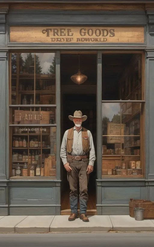 Prompt: create a highly detailed colored pencil drawing standing portrait on grey paper, in the style of Norman Rockwell, Tsutomu Nihei and Steve Hanks of a dry goods store façade. shown are wooden façade and wooden sidewalk, the door and front windows on each side with reflection of western dry goods store in 1880 zoomed into plate glass window with the words "Dry Goods" painted on window with a bright reflection; view of the window and door front view portrait of the façade of a dry goods store. The 1880s dry goods store presents a nostalgic glimpse into the past. The weathered façade of the establishment, constructed from aged wood. the front window is a portal to the world within. The window, adorned with the bold proclamation "Dry Goods" in a rustic western font. Half of the glass surface is dappled with a glaring reflection of the sky and street in front of the store. A horse and buckboard wagon is parked in the front half loaded with dry goods. The town sheriff is leaning on edifice