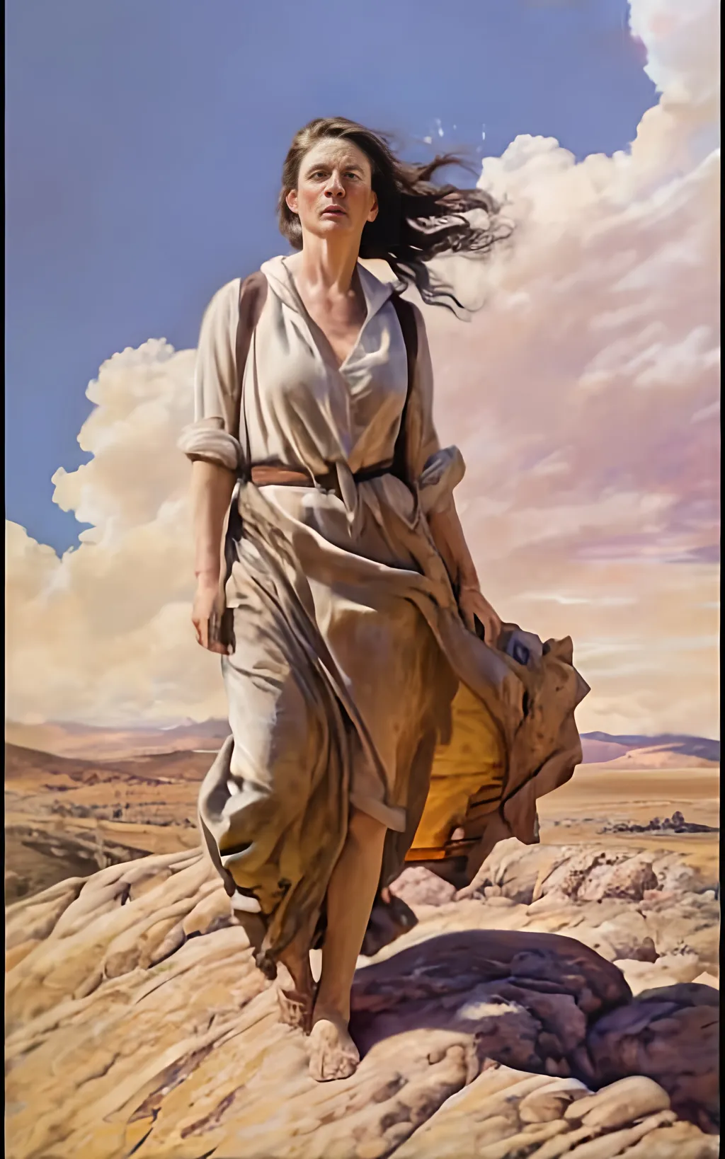 Prompt: create a hyper detailed painting, photo, illustration, UHD, HDR, 128K, colored pencil of a woman in grey robes standing on a boulder in an arid place portrait, ultra detailed, sharp focus, lightly muted color, atmospheric perspective, fade into the background, illustration, in the style of Norman Rockwell, and Steve Cloaked in a weathered leather jacket adorned with patches, an alluring woman wears practical cargo pants and sturdy hiking boots, signifying her connection to the wild. The surroundings showcase an expansive, panoramic view of untouched mountains, dense forests, and a pristine lake, capturing the essence of the wilderness in its raw beauty. Natural sunlight bathes the scene, casting warm and dynamic shadows on the woman's features. The sky is painted with the rich hues of a tranquil sunset, creating a breathtaking palette that mirrors the beauty of the outdoors. Her expression is one of quiet contemplation, a reflection of the peaceful solitude found in the heart of nature. Executed with an exceptional level of detail, the painting captures the intricacies of the woman's windblown hair, the texture of her well-worn jacket, and the nuanced play of light and shadow across the landscape