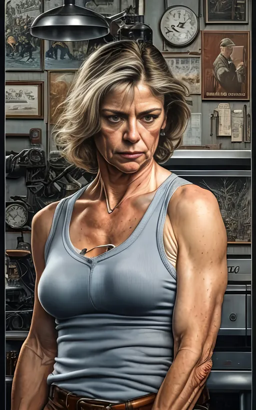 Prompt: create a highly detailed colored pencil drawing  standing portrait on grey paper, in the style of Norman Rockwell, Tsutomu Nihei and Steve Hanks. Every detail is meticulously captured, in HDR (High Dynamic Range), UHD (Ultra High Definition), and 1080p. Linda Hamilton in her 20s, portraying the 20 year old Sarah Conner in the drama tv movie "Terminator." use costumes from the tv movie. T-800 terminator robots.

use all best practices in art and design to produce what would be recognized as a master work art piece. use accurate perspective and foreshortening. use atmospheric perspective. create expressive faces and use dramatic lighting. fur coat and fur hat.


Linda Hamilton aged to her 20s, portraying Sarah Conner develops from a timid damsel in distress victim in the first film to a wanted fugitive committing acts of terrorism, a hardened warrior and mother who sacrificed everything for her son's future, on the verge of losing touch with her own humanity, and a mentor preparing and protecting a protégée for her destiny. portray her in her 20s wearing army gear.