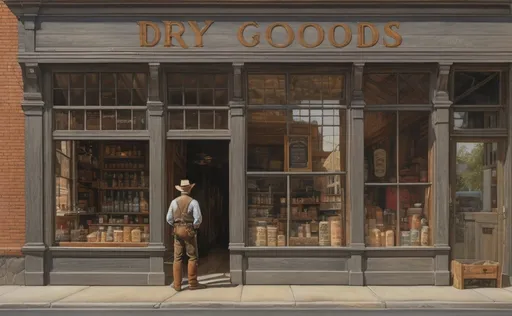 Prompt: create a highly detailed colored pencil drawing standing portrait on grey paper, in the style of Norman Rockwell, Tsutomu Nihei and Steve Hanks of a dry goods store façade. shown are wooden façade and wooden sidewalk, the door and front windows on each side with reflection of western dry goods store in 1880 zoomed into plate glass window with the words "Dry Goods" painted on window with a bright reflection; view of the window and door front view portrait of the façade of a dry goods store. The 1880s dry goods store presents a nostalgic glimpse into the past. The weathered façade of the establishment, constructed from aged wood. the front window is a portal to the world within. The window, adorned with the bold proclamation "Dry Goods" in a rustic western font. Half of the glass surface is dappled with a glaring reflection of the sky and street in front of the store. A horse and buckboard wagon is parked in the front half loaded with dry goods. The town sheriff is leaning on edifice
