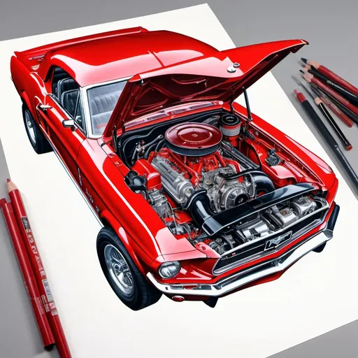 Prompt: create a realistic, hyper detailed, crisp focus, sharp focus, UHD, HDR, 128K, a hyper realistic, vibrant color color pencil technical illustration cutaway drawing, on white paper, of an isometric cherry red 1967 ford mustang convertible disassembly parts exploded view disassembly, hyper detailed drawing, in the style of Norman Rockwell, Caravaggio, Steve Hanks, and Michael James Smith, using atmospheric perspective, with dramatic lighting, drawing of 
 . The drawing is predominantly adorned with rich vibrant colors, with a striking accent color, BD8B0E, adding an electrifying touch.  add negative space around object. white space. color pencil drawing


a technical illustration cutaway drawing of a small submersible disassembly parts exploded view disassembly