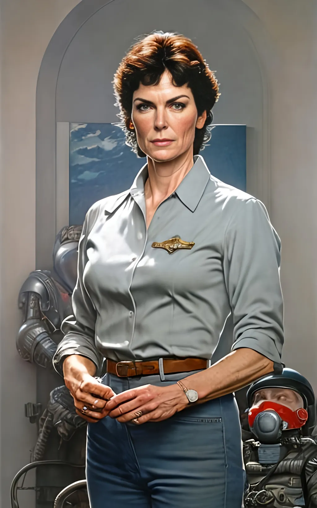 Prompt: create a highly detailed colored pencil drawing standing portrait on grey paper, in the style of Norman Rockwell, Tsutomu Nihei and Steve Hanks. Every detail is meticulously captured, in HDR (High Dynamic Range), UHD (Ultra High Definition), and 1080p. Michelle Forbes portrays Admiral Helena Cain in the drama tv movie "Battlestar Galactica." wearing a leather uniform. use all best practices in art and design to produce what would be recognized as a master work art piece. use accurate perspective and foreshortening. use atmospheric perspective. create expressive faces and use dramatic lighting. fur coat and fur hat. Michelle Forbes portrays Admiral Helena Cain: Pegasus's formidable commander, Cain, exudes steely authority in her perfectly tailored uniform. Her blonde hair, pulled back in a tight bun, and her cold blue eyes leave no room for doubt about her unwavering resolve. Her crisp attire, devoid of any personal touches, reflects her single-minded focus on military efficiency and victory at any cost. She's a force of nature, her presence demanding obedience and respect, even from the seasoned officers of Galactica., cinematic, illustration, poster, portrait photography