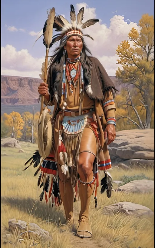 Prompt: create a realistic, hyper detailed, color pencil drawing, hyper detailed, UHD, HDR, 128K, In the heart of a picturesque landscape drawing in the style of Norman Rockwell, Steve Hanks, and Michael James Smith, dramatic natural lighting, portrait of a The Sioux Indian on a galloping horse counting coup is a traditional Native American ceremonial hunt that holds cultural significance among the Sioux people. In this dance, participants often wear elaborate traditional regalia, adorned with feathers, beads, and other symbolic elements.

Imagine a Sioux Indian dog dancer on a galloping horse, dressed in vibrant and meticulously crafted attire, consisting of fringed clothing, a headdress adorned with feathers, and intricate beadwork reflecting the cultural heritage of the Sioux tribe. The dancer moves with purpose and grace, embodying the spirit of the dog dance.