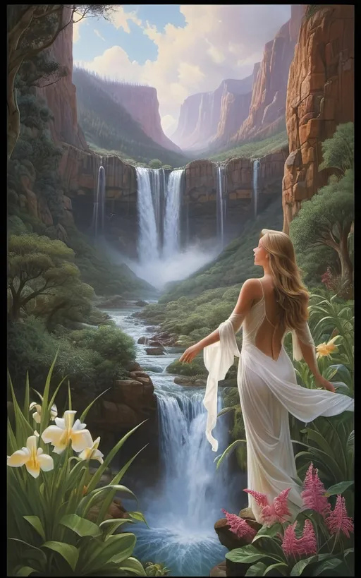 Prompt: in the style of Dalhart Windberg, Jean Baptiste, and Steve Hanks create a highly detailed painting of an otherworldly rainy landscape with green plants and cascading waterfalls. winged women are visible flying around above the water, an awe-inspiring masterpiece revealing a multifaceted tapestry that seamlessly fuses the fantastical and the futuristic. The canvas, an expansive testament to artistic virtuosity, stretches far beyond the viewer's grasp, capturing the infinite wonders of a distant celestial realm. The sky, a captivating celestial dome, pulses with dynamic gradients of color, transitioning from the deepest purples to shimmering iridescent blues, creating an atmospheric kaleidoscope that defies earthly expectations. As the eye delves into the intricacies of this lush alien world, the landscape reveals itself in layers of profound complexity. Atmospheric perspective, a skillful technique employed with precision, imparts a sense of vastness by gently shrouding distant formations in a subtle haze, conjuring an enigmatic allure that beckons exploration. In the foreground, an explosion of vibrant hues unveils an array of alien flora and fauna, each intricately detailed petal and tendril pulsating with an otherworldly energy. The meticulous application of color, reminiscent of the finest brushstrokes, grants life to this vibrant ecosystem, where every shade and tone harmonizes in a mesmerizing dance of color. The orchestration of the golden rectangle theory masterfully guides the arrangement of these vivid elements, weaving a visual symphony that invites the viewer on a journey through the composition. Dramatic lighting, reminiscent of celestial phenomena, bathes the scene in a dynamic radiance. Long shadows stretch across the jagged peaks and valleys, enhancing the three-dimensional quality of the landscape and infusing the environment with a sense of dynamism. The interplay between positive and negative space is an intricate ballet, where empty expanses seamlessly guide the viewer's gaze through the scene.