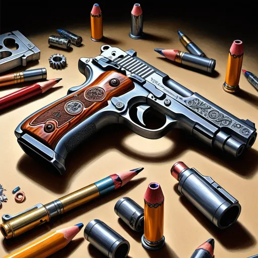 Prompt: create a realistic, hyper detailed, crisp focus, sharp focus, UHD, HDR, 128K, a hyper realistic, vibrant color cutaway pencil style drawing of a 45 caliber pistol assembly parts exploded view disassembly, hyper detailed drawing, in the style of Norman Rockwell, Caravaggio, Steve Hanks, and Michael James Smith, using atmospheric perspective, with dramatic lighting, drawing of 
 . The drawing is predominantly adorned with rich vibrant colors, with a striking accent color, BD8B0E, adding an electrifying touch, 


a cutaway of a 45 caliber pistol assembly parts exploded view disassembly