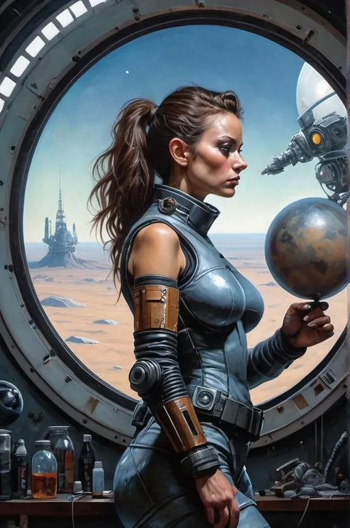 Prompt: Create a realistic, painting, and meticulously detailed, dramatic, realistic, hyperrealist, sfumato, vibrant, painterly painting of a woman in a biomechanical exosuit repairing a spacecraft in a cluttered hangar on an alien planet, with an alien skyline and twin moons visible through an open hangar door under an indigo sky.

OUTPUT2:
Create a realistic, impressionistic painting, and meticulously detailed, dramatic, realistic, sfumato, vibrant, painterly painting with sharp detail in the foreground, the artist expertly blends the styles of Norman Rockwell, Gustave Courbet, Steve Hanks, Moebius, Julie Bell, William Hagerman, Andrew Wyeth, Jen Christiansen, Popular Mechanics, and Frank Frazetta. Use Albert Bierstadt lighting and shadows. Use realistic and accurate scale, proportion, perspective, and foreshortening. The protagonist is the focal point of the image. The tonal range of the image is subdued, with a predominance of earthy, muted hues.  The lines, curves, and gradients create a harmonious, organic composition. There is a translucent outer glow around the protagonist. Mute the background and use atmospheric perspective for depth. Make sure the image is not busy or crowded.  Mute the background colors. Use strong natural lighting from one side and use a weak cool reflected light on the opposite side. Convert any protagonist into a contemporary style. Ensure the anatomy of the protagonist is accurate and to scale and the foreshortening and perspective is correct. The image should be lifelike and realistic. The folds of the fabric should look natural. Use atmospheric perspective, dramatic lighting, reflected light, cool colors in the shadows, and warm colors in the light. Use strong dramatic natural lighting from one side, cool colors in the background, and warm colors in the foreground. Use accurate anatomy, proportions, perspective, and foreshortening. Use Color Harmony and a Mother Color.