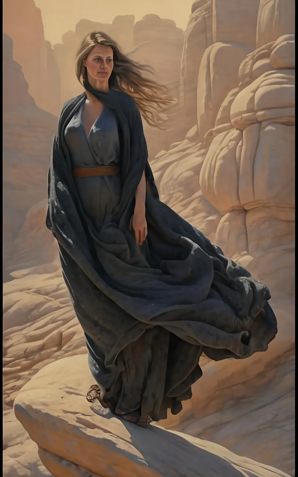 Prompt: create a hyper detailed painting, photo, illustration, UHD, HDR, 128K, colored pencil of a woman in grey robes standing on a boulder in an arid place portrait, ultra detailed, sharp focus, lightly muted color, atmospheric perspective, fade into the background, illustration, in the style of Norman Rockwell, and Steve Cloaked in a weathered leather jacket adorned with patches, an alluring woman wears practical cargo pants and sturdy hiking boots, signifying her connection to the wild. The surroundings showcase an expansive, panoramic view of untouched mountains, dense forests, and a pristine lake, capturing the essence of the wilderness in its raw beauty. Natural sunlight bathes the scene, casting warm and dynamic shadows on the woman's features. The sky is painted with the rich hues of a tranquil sunset, creating a breathtaking palette that mirrors the beauty of the outdoors. Her expression is one of quiet contemplation, a reflection of the peaceful solitude found in the heart of nature. Executed with an exceptional level of detail, the painting captures the intricacies of the woman's windblown hair, the texture of her well-worn jacket, and the nuanced play of light and shadow across the landscape